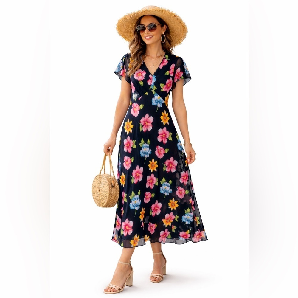 VTG Mary Fadden Collection Floral Chiffon Maxi Dress Size 12 V-Neck Y2K, 1990’s